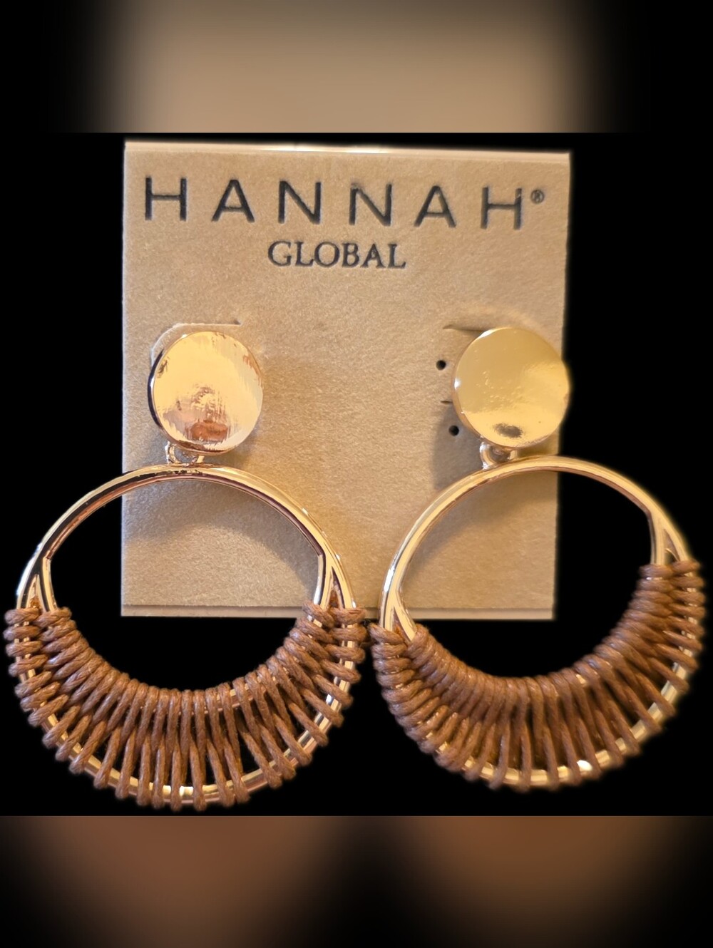 Goldtone  Hoop Earrings w/Brown Wrap